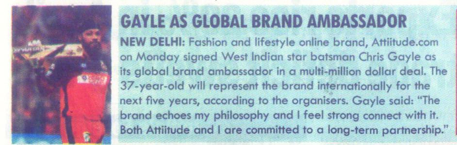 Gayle as Global Brand Ambassador - Milleniumpost Newspaper Clip